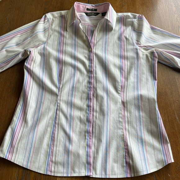 Eddie Bauer Pink and Blue Striped Button Down Blouse 3/4 Sleeves Size Large - Picture 5 of 14